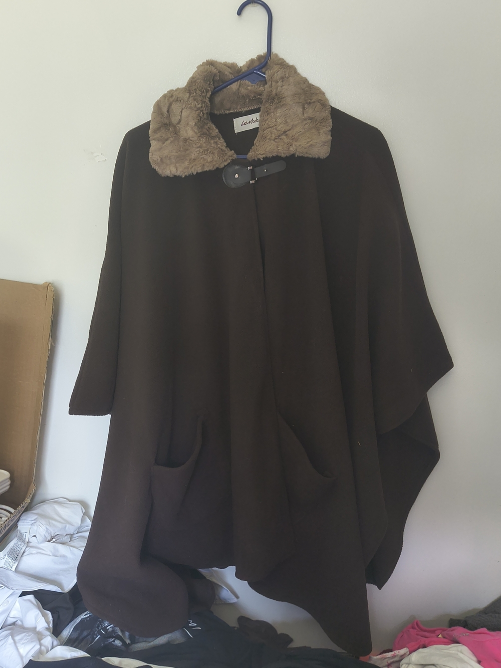 Cape-Style Brown Sweater with Faux Fur Collar - Unbranded